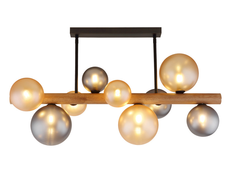 Deckenleuchte RIHA aus Holz 9-flammig Glaskugeln Rauchglas & Bernstein, B: 78cm