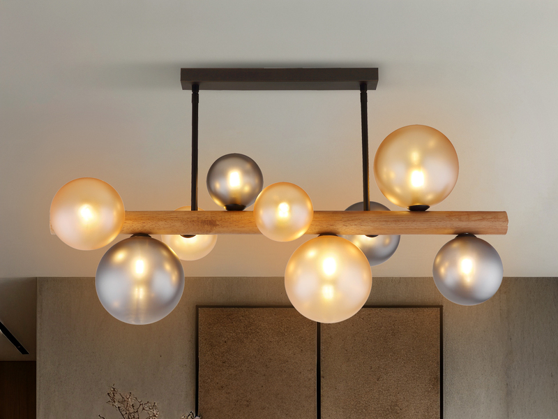 Deckenleuchte RIHA aus Holz 9-flammig Glaskugeln Rauchglas & Bernstein, B: 78cm