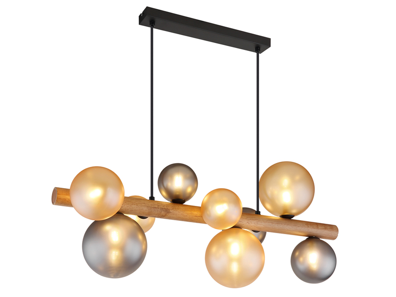 Pendelleuchte RIHA aus Holz 9-flammig Glaskugeln Rauchglas & Bernstein, B: 78cm