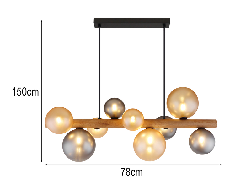 Pendelleuchte RIHA aus Holz 9-flammig Glaskugeln Rauchglas & Bernstein, B: 78cm