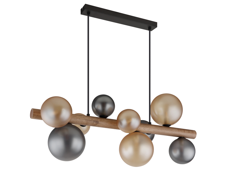 Pendelleuchte RIHA aus Holz 9-flammig Glaskugeln Rauchglas & Bernstein, B: 78cm