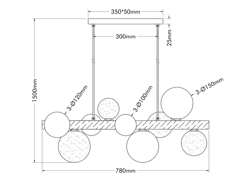 Pendelleuchte RIHA aus Holz 9-flammig Glaskugeln Rauchglas & Bernstein, B: 78cm