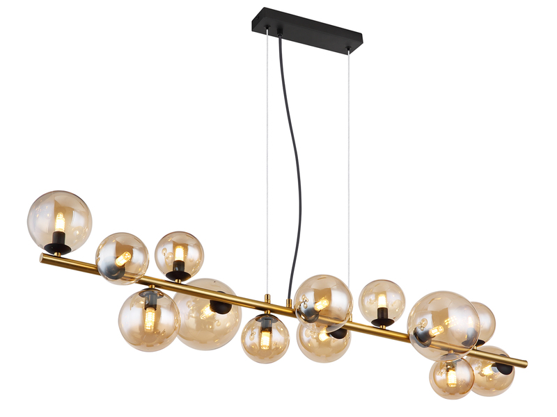Pendelleuchte RIHA Messing-Schwarz 13-flammig mit Glaskugeln Bernstein, B: 120cm