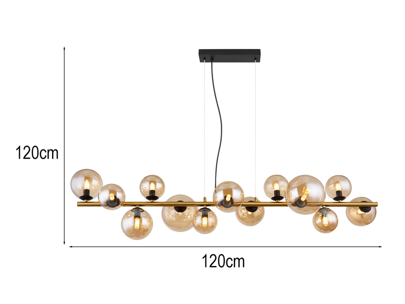 Pendelleuchte RIHA Messing-Schwarz 13-flammig mit Glaskugeln Bernstein, B: 120cm