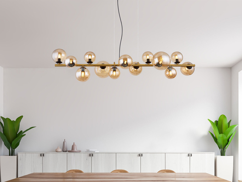 Pendelleuchte RIHA Messing-Schwarz 13-flammig mit Glaskugeln Bernstein, B: 120cm