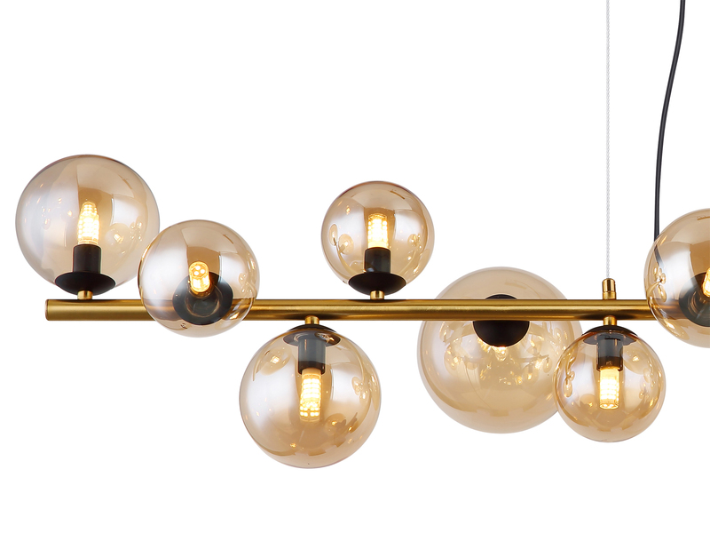 Pendelleuchte RIHA Messing-Schwarz 13-flammig mit Glaskugeln Bernstein, B: 120cm