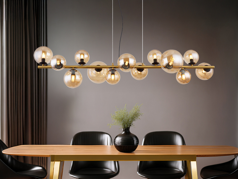 Pendelleuchte RIHA Messing-Schwarz 13-flammig mit Glaskugeln Bernstein, B: 120cm