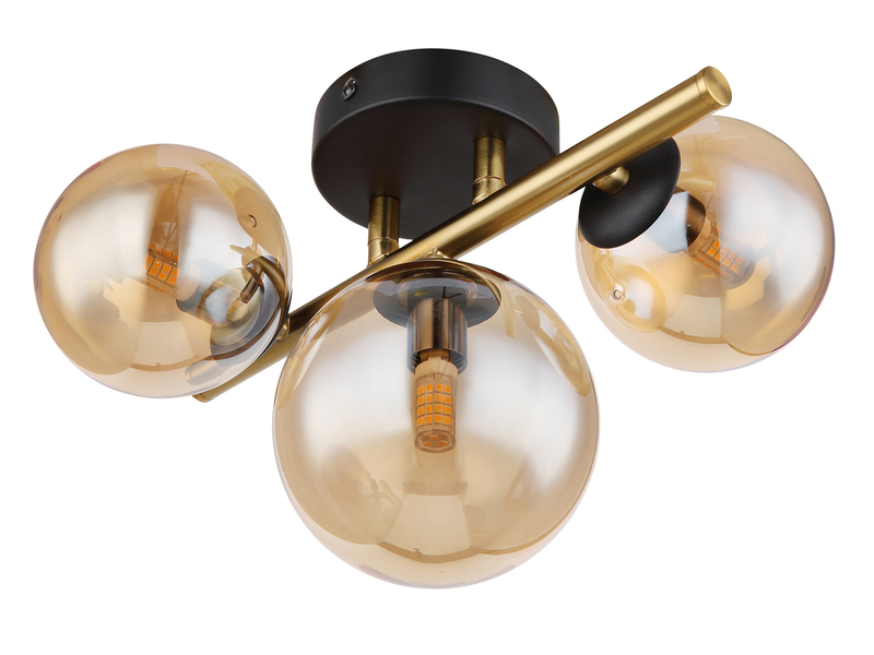 Deckenleuchte RIHA Messing-Schwarz 3-flammig mit Glaskugeln Bernstein, B: 28cm