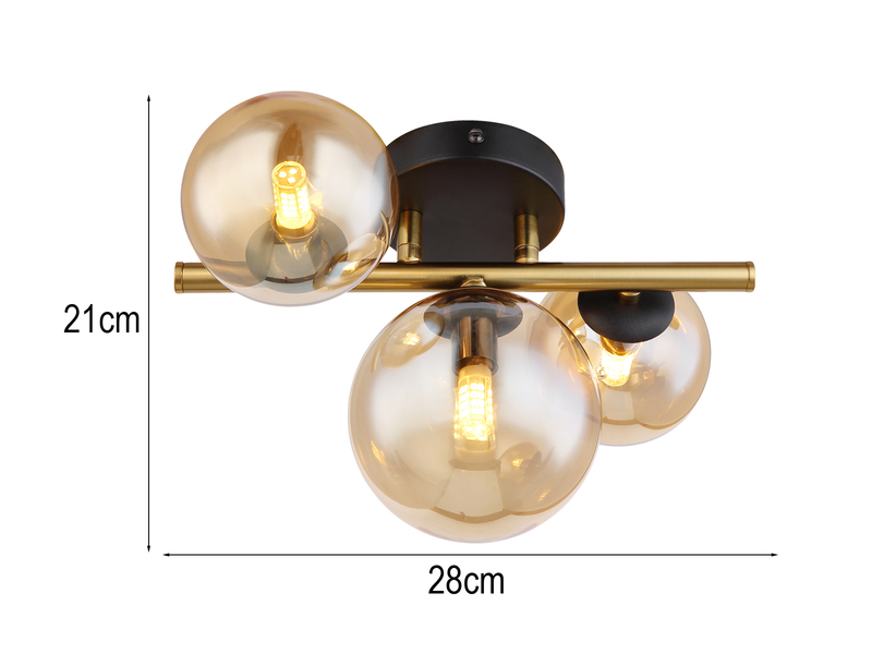Deckenleuchte RIHA Messing-Schwarz 3-flammig mit Glaskugeln Bernstein, B: 28cm