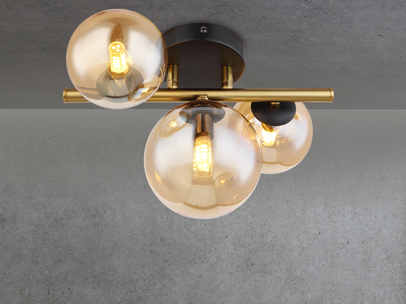 Deckenleuchte RIHA Messing-Schwarz 3-flammig mit Glaskugeln Bernstein, B: 28cm