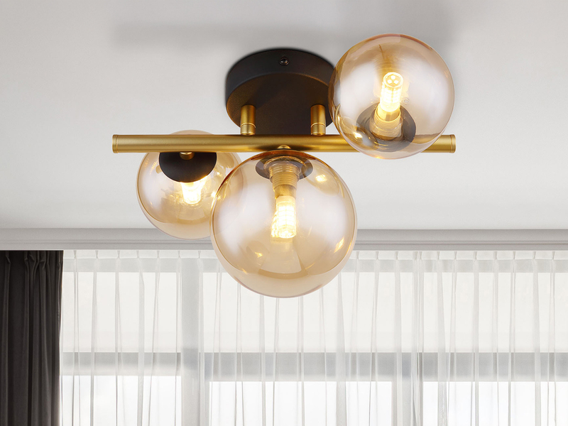 Deckenleuchte RIHA Messing-Schwarz 3-flammig mit Glaskugeln Bernstein, B: 28cm