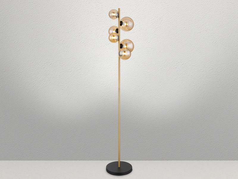 Stehleuchte RIHA Messing-Schwarz 6-flammig mit Glaskugeln Bernstein, Höhe 155cm