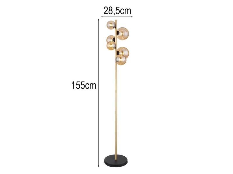 Stehleuchte RIHA Messing-Schwarz 6-flammig mit Glaskugeln Bernstein, Höhe 155cm