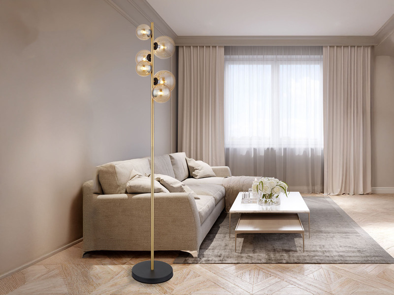 Stehleuchte RIHA Messing-Schwarz 6-flammig mit Glaskugeln Bernstein, Höhe 155cm