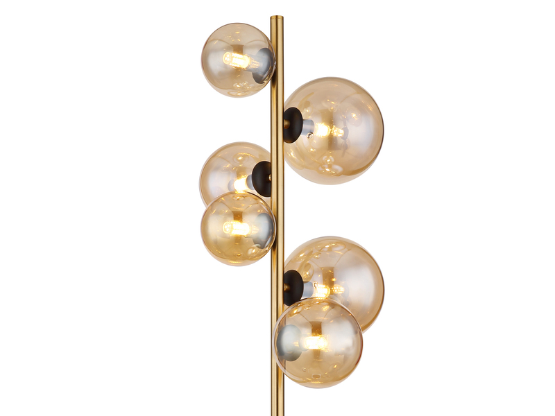 Stehleuchte RIHA Messing-Schwarz 6-flammig mit Glaskugeln Bernstein, Höhe 155cm