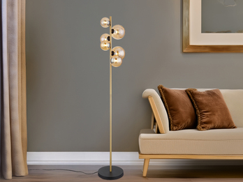 Stehleuchte RIHA Messing-Schwarz 6-flammig mit Glaskugeln Bernstein, Höhe 155cm