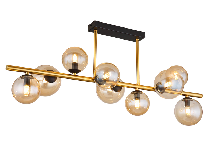 Große Deckenleuchte RIHA Messing-Schwarz 9-flammig Glaskugeln Bernstein, B: 87cm