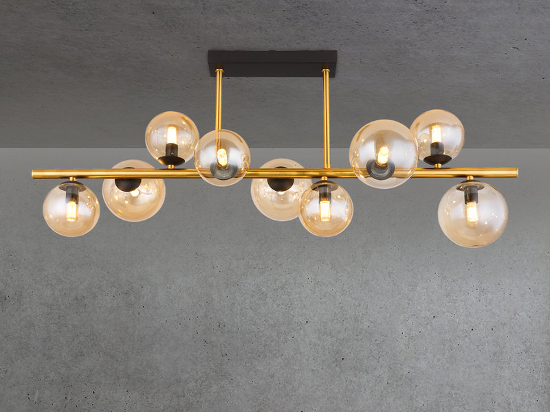 Große Deckenleuchte RIHA Messing-Schwarz 9-flammig Glaskugeln Bernstein, B: 87cm