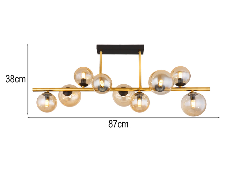 Große Deckenleuchte RIHA Messing-Schwarz 9-flammig Glaskugeln Bernstein, B: 87cm