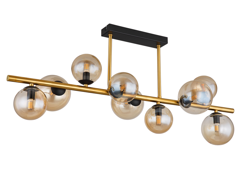 Große Deckenleuchte RIHA Messing-Schwarz 9-flammig Glaskugeln Bernstein, B: 87cm