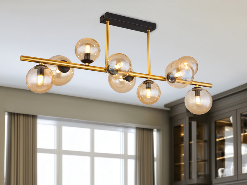 Große Deckenleuchte RIHA Messing-Schwarz 9-flammig Glaskugeln Bernstein, B: 87cm