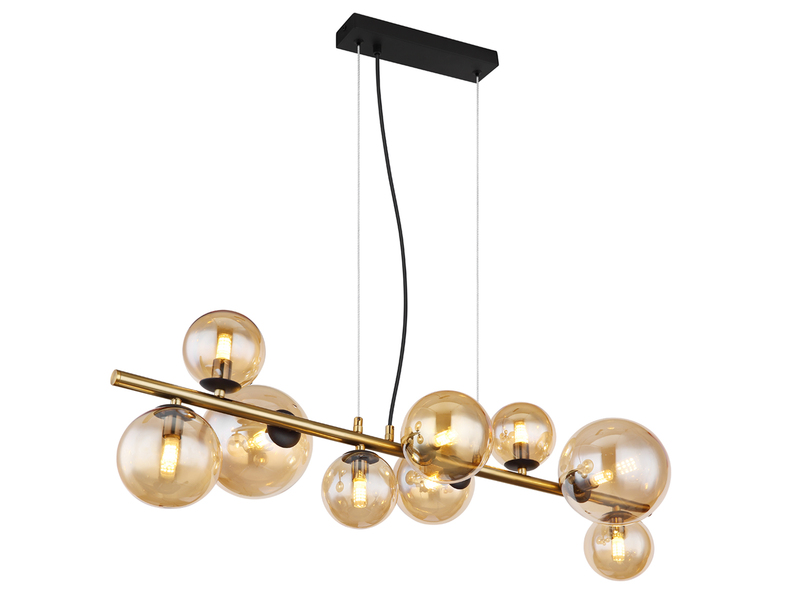 Pendelleuchte RIHA Messing-Schwarz 9-flammig mit Glaskugeln Bernstein, B: 87cm