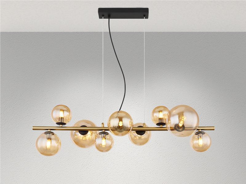 Pendelleuchte RIHA Messing-Schwarz 9-flammig mit Glaskugeln Bernstein, B: 87cm