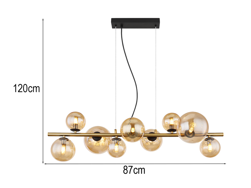 Pendelleuchte RIHA Messing-Schwarz 9-flammig mit Glaskugeln Bernstein, B: 87cm