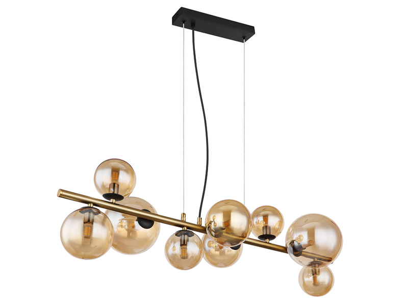 Pendelleuchte RIHA Messing-Schwarz 9-flammig mit Glaskugeln Bernstein, B: 87cm