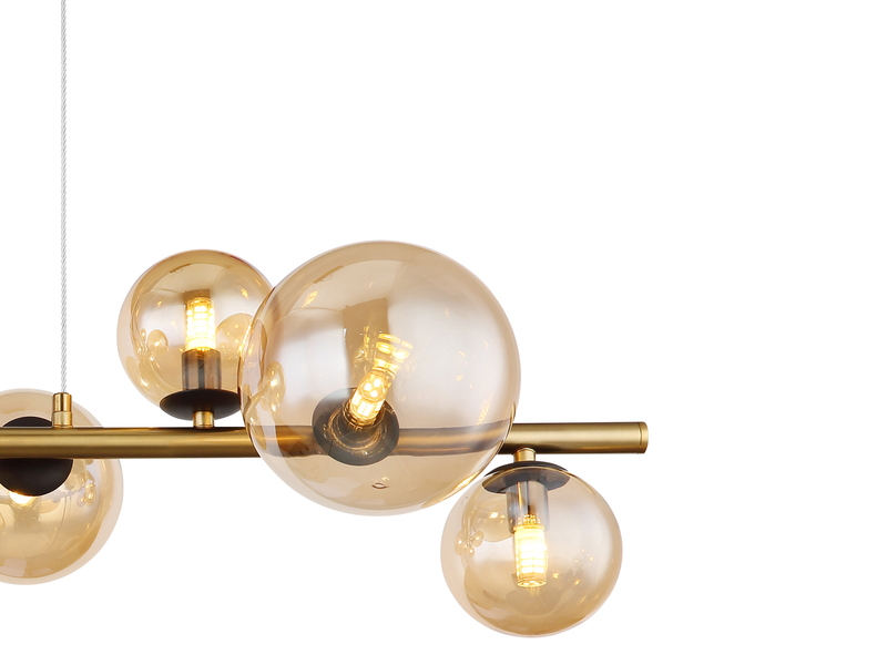 Pendelleuchte RIHA Messing-Schwarz 9-flammig mit Glaskugeln Bernstein, B: 87cm