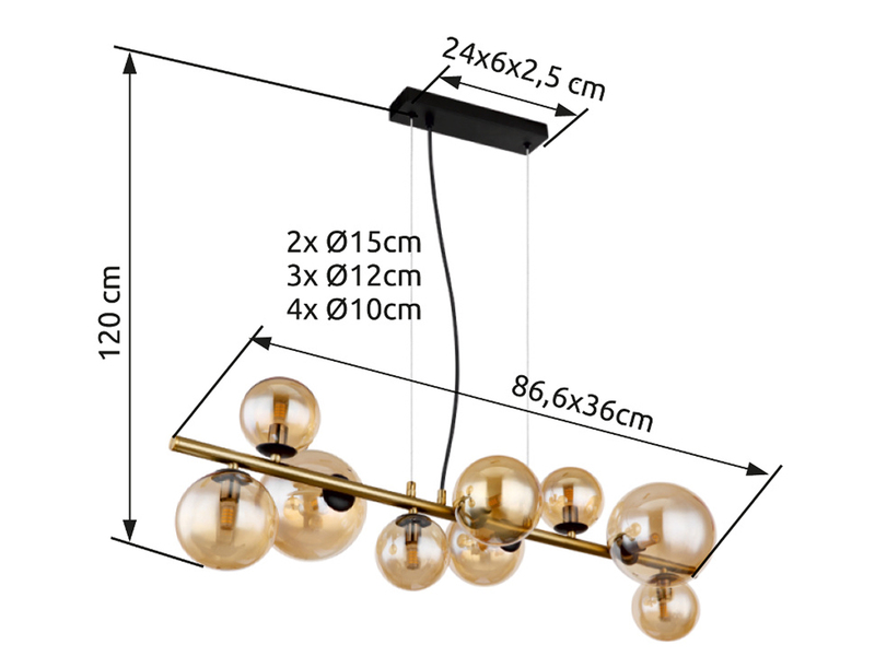 Pendelleuchte RIHA Messing-Schwarz 9-flammig mit Glaskugeln Bernstein, B: 87cm