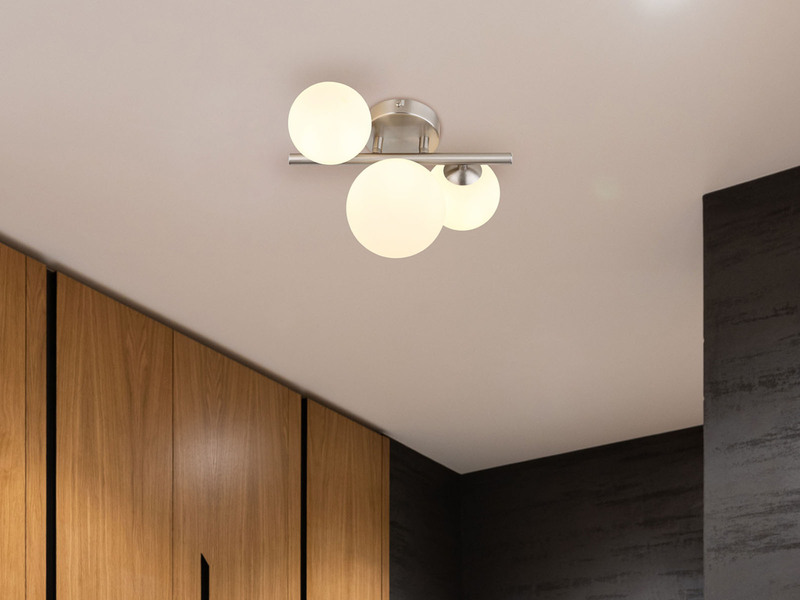 Deckenleuchte RIHA Silber 3-flammig mit Glaskugeln Opalglas Weiß, Breite 28,5cm