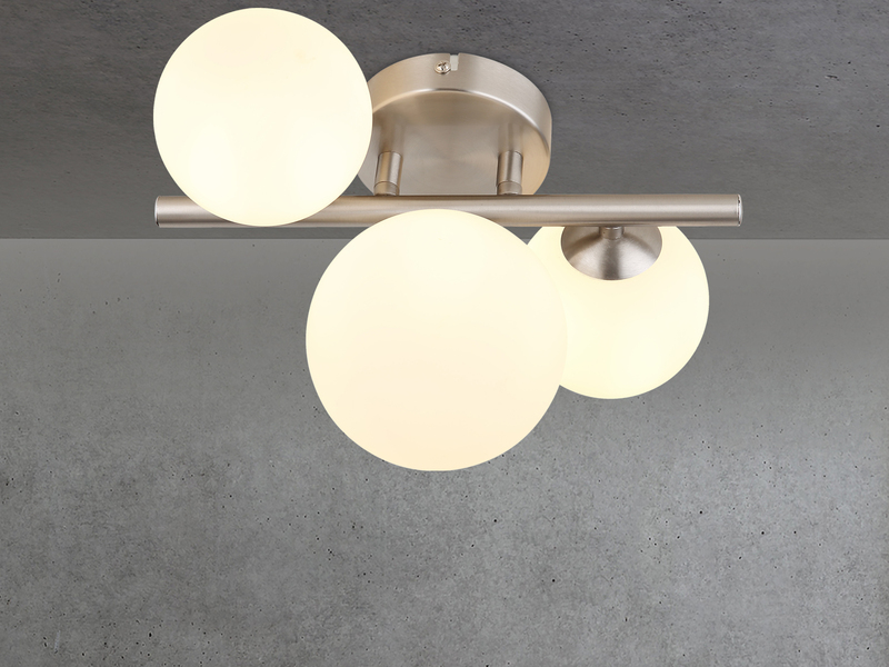Deckenleuchte RIHA Silber 3-flammig mit Glaskugeln Opalglas Weiß, Breite 28,5cm