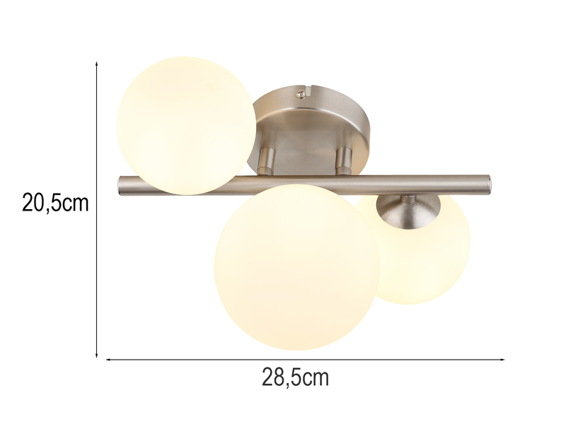 Deckenleuchte RIHA Silber 3-flammig mit Glaskugeln Opalglas Weiß, Breite 28,5cm