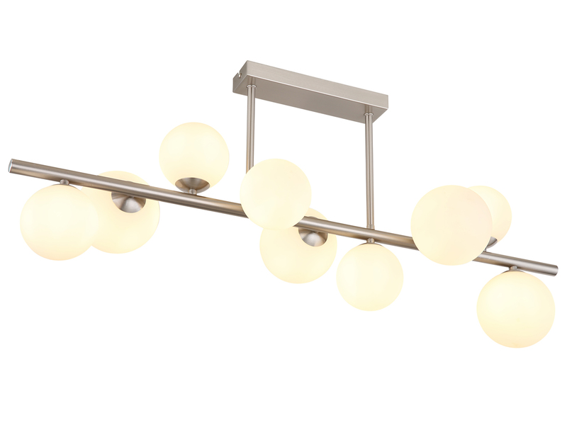 Große Deckenleuchte RIHA Silber 9-flammig mit Glaskugeln Opalglas Weiß, B: 87cm