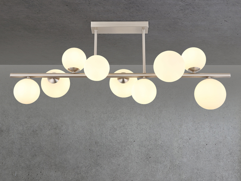 Große Deckenleuchte RIHA Silber 9-flammig mit Glaskugeln Opalglas Weiß, B: 87cm