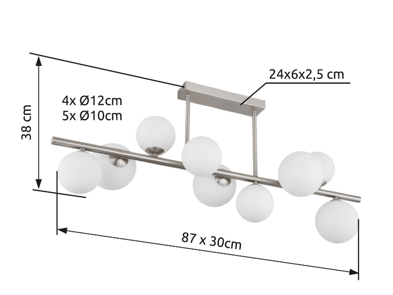 Große Deckenleuchte RIHA Silber 9-flammig mit Glaskugeln Opalglas Weiß, B: 87cm
