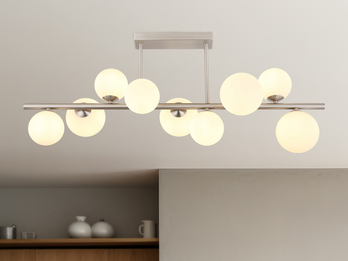 Große Deckenleuchte RIHA Silber 9-flammig mit Glaskugeln Opalglas Weiß, B: 87cm