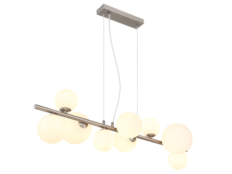Pendelleuchte RIHA Silber 9-flammig mit Glaskugeln Opalglas Weiß, Breite 87cm