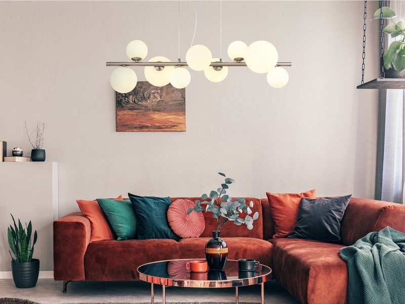 Pendelleuchte RIHA Silber 9-flammig mit Glaskugeln Opalglas Weiß, Breite 87cm
