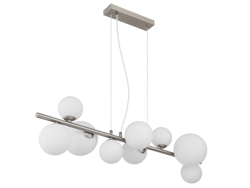 Pendelleuchte RIHA Silber 9-flammig mit Glaskugeln Opalglas Weiß, Breite 87cm
