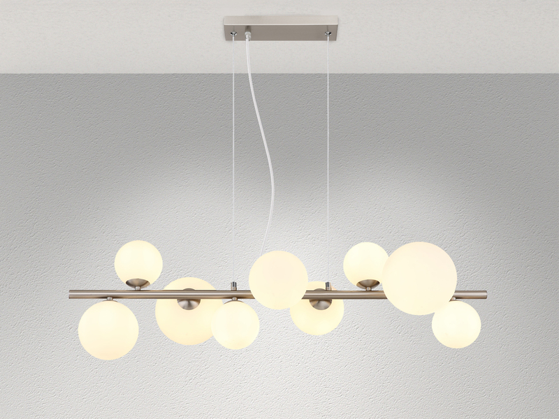 Pendelleuchte RIHA Silber 9-flammig mit Glaskugeln Opalglas Weiß, Breite 87cm