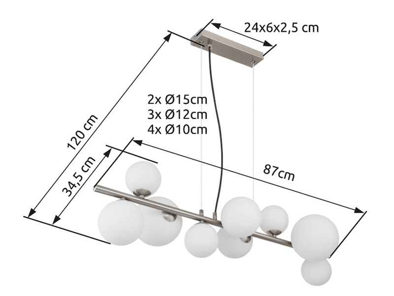 Pendelleuchte RIHA Silber 9-flammig mit Glaskugeln Opalglas Weiß, Breite 87cm