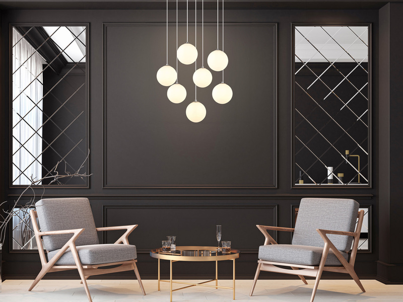 Große Cluster Pendelleuchte RIHA in Silber mit Glaskugeln aus Opalglas, Ø 55cm