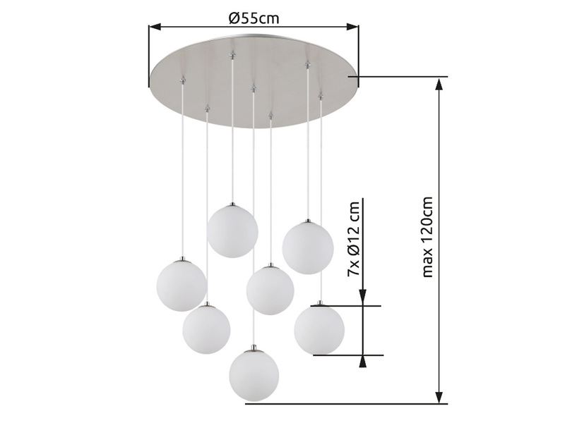 Große Cluster Pendelleuchte RIHA in Silber mit Glaskugeln aus Opalglas, Ø 55cm