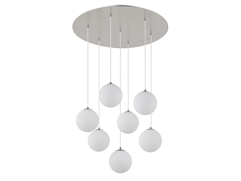 Große Cluster Pendelleuchte RIHA in Silber mit Glaskugeln aus Opalglas, Ø 55cm