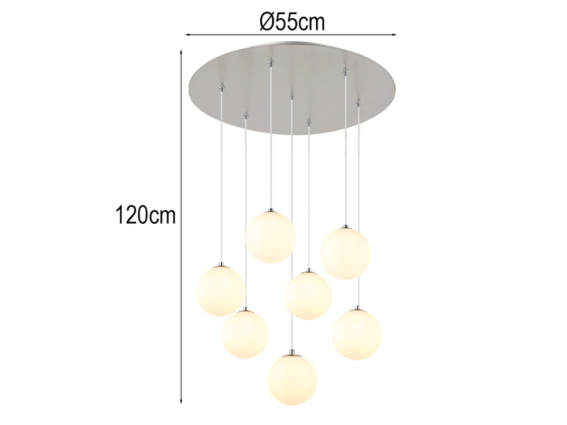 Große Cluster Pendelleuchte RIHA in Silber mit Glaskugeln aus Opalglas, Ø 55cm