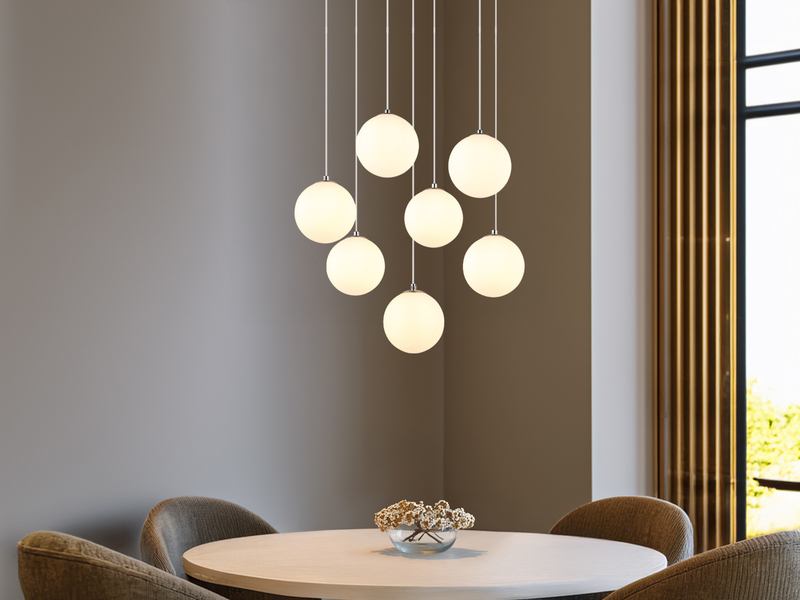 Große Cluster Pendelleuchte RIHA in Silber mit Glaskugeln aus Opalglas, Ø 55cm