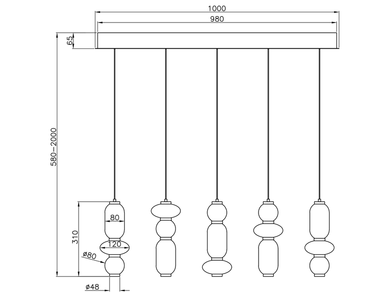 Moderne LED Pendelleuchte MINERVA 5-flammig, höhenverstellbar, Breite 100cm