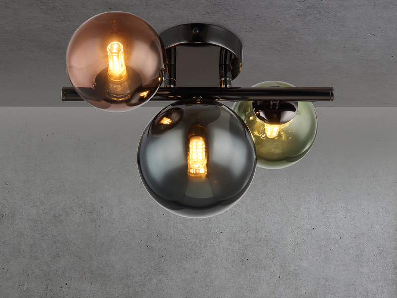 Deckenleuchte RIHA Anthrazit 3-flammig mit bunten Glaskugeln, Breite 28cm